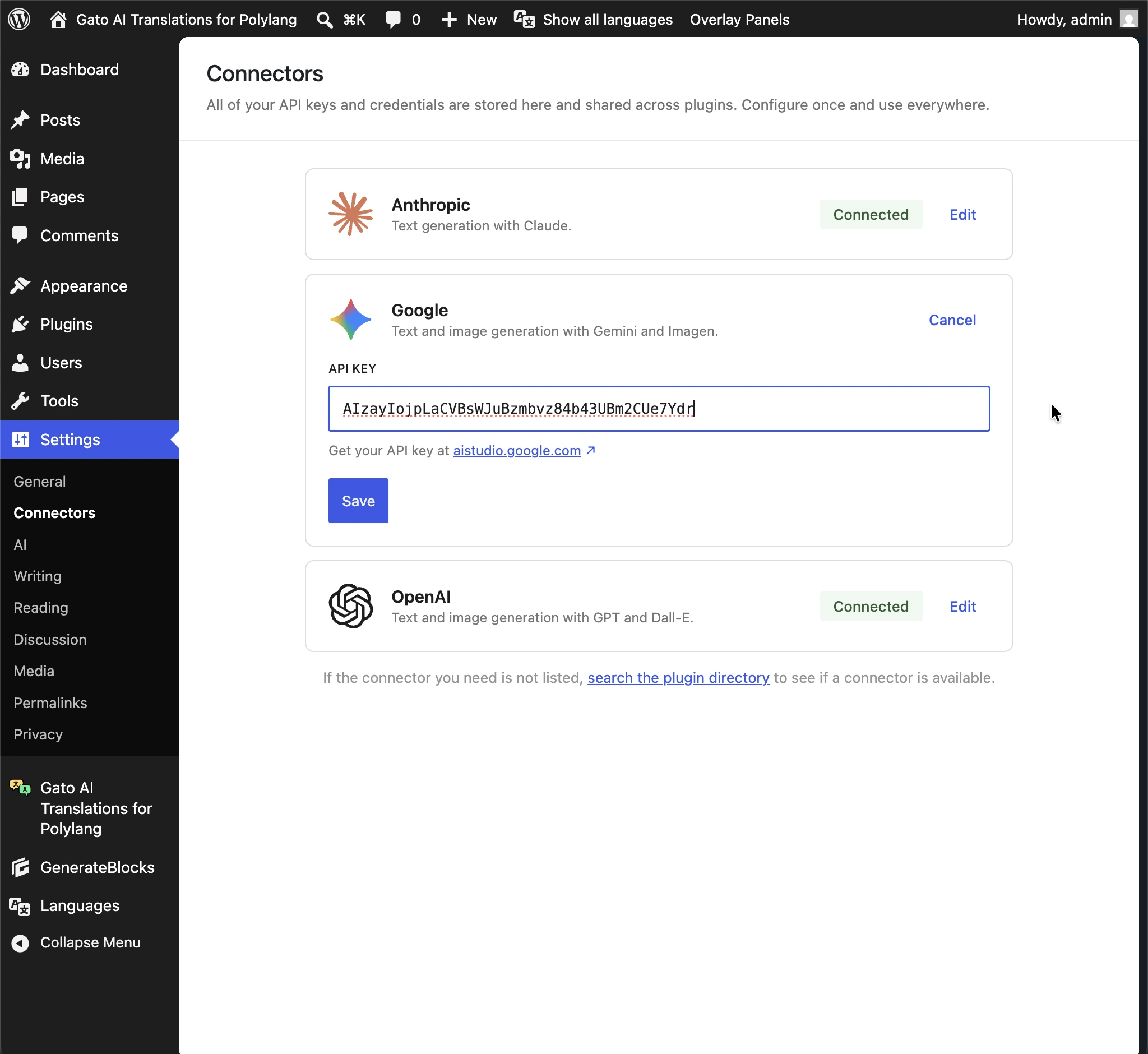 API-sleutels voor Anthropic, Google en OpenAI worden opgehaald uit WordPress AI Connectors