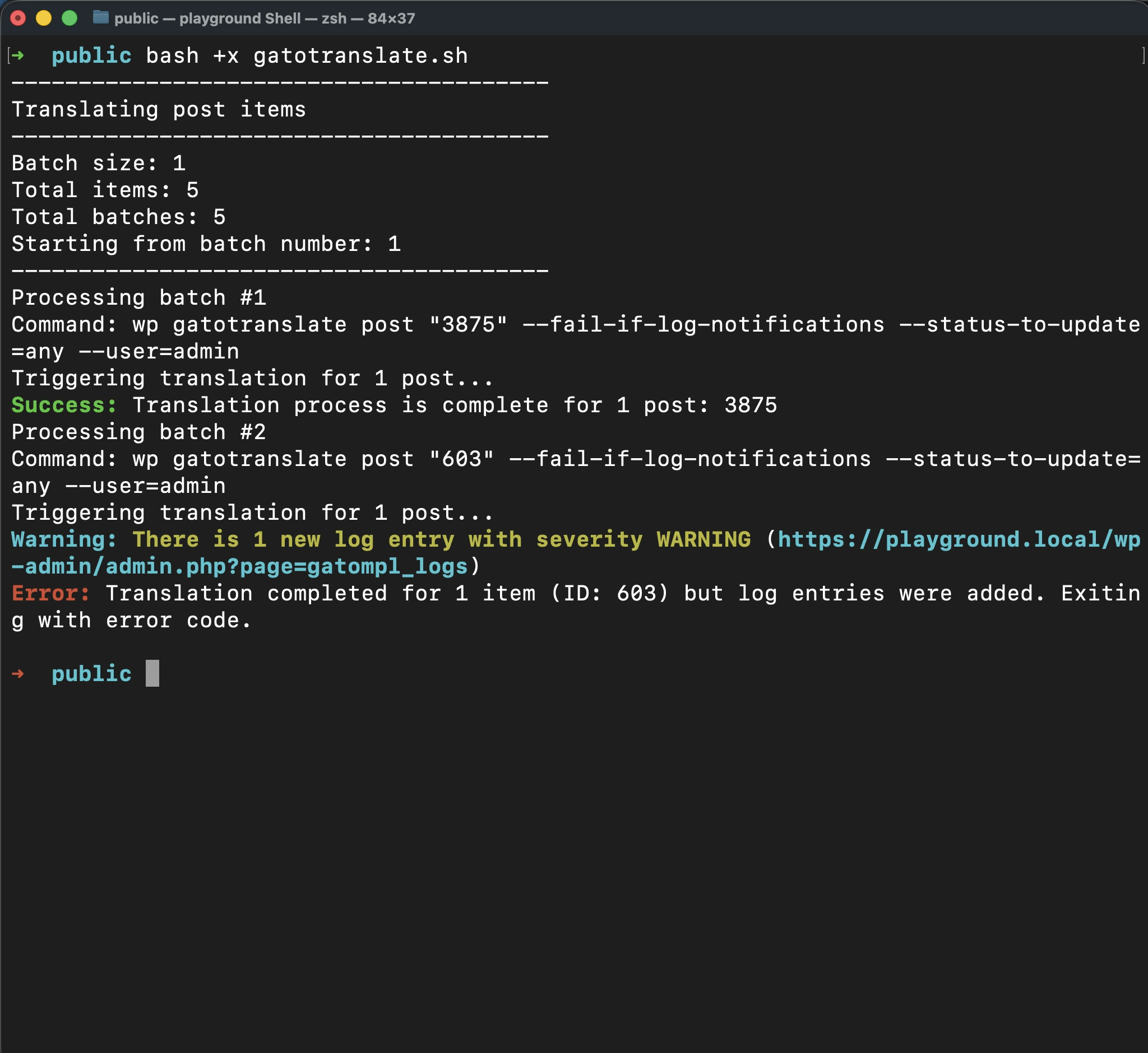 Het script 'gatotranslate.sh' uitvoeren met de parameter '--fail-if-log-notifications'