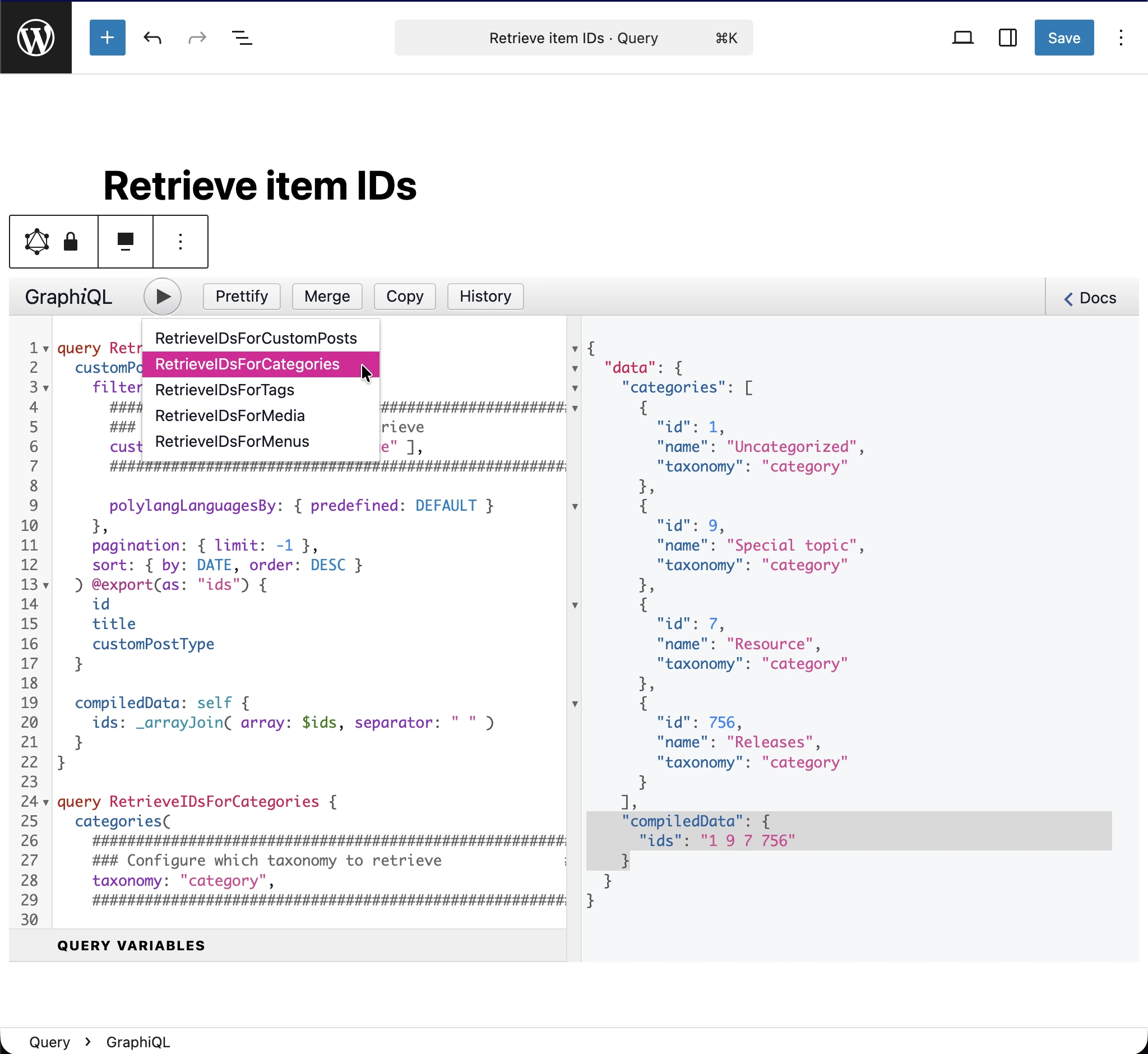 De query 'Retrieve item IDs' uitvoeren