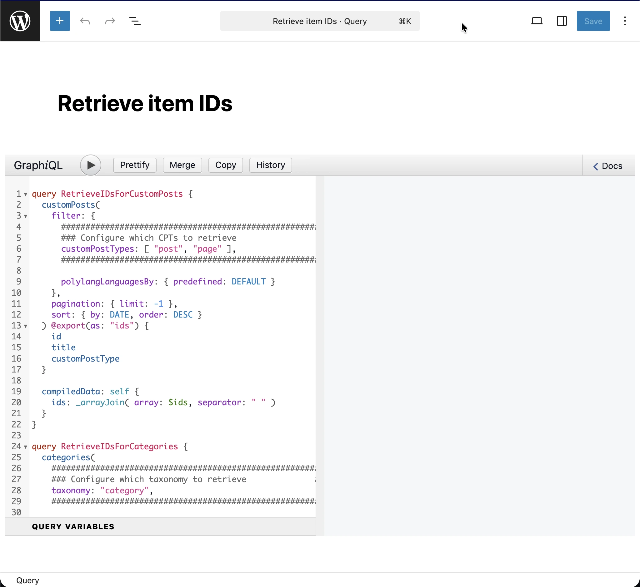 De query 'Retrieve item IDs' aanmaken