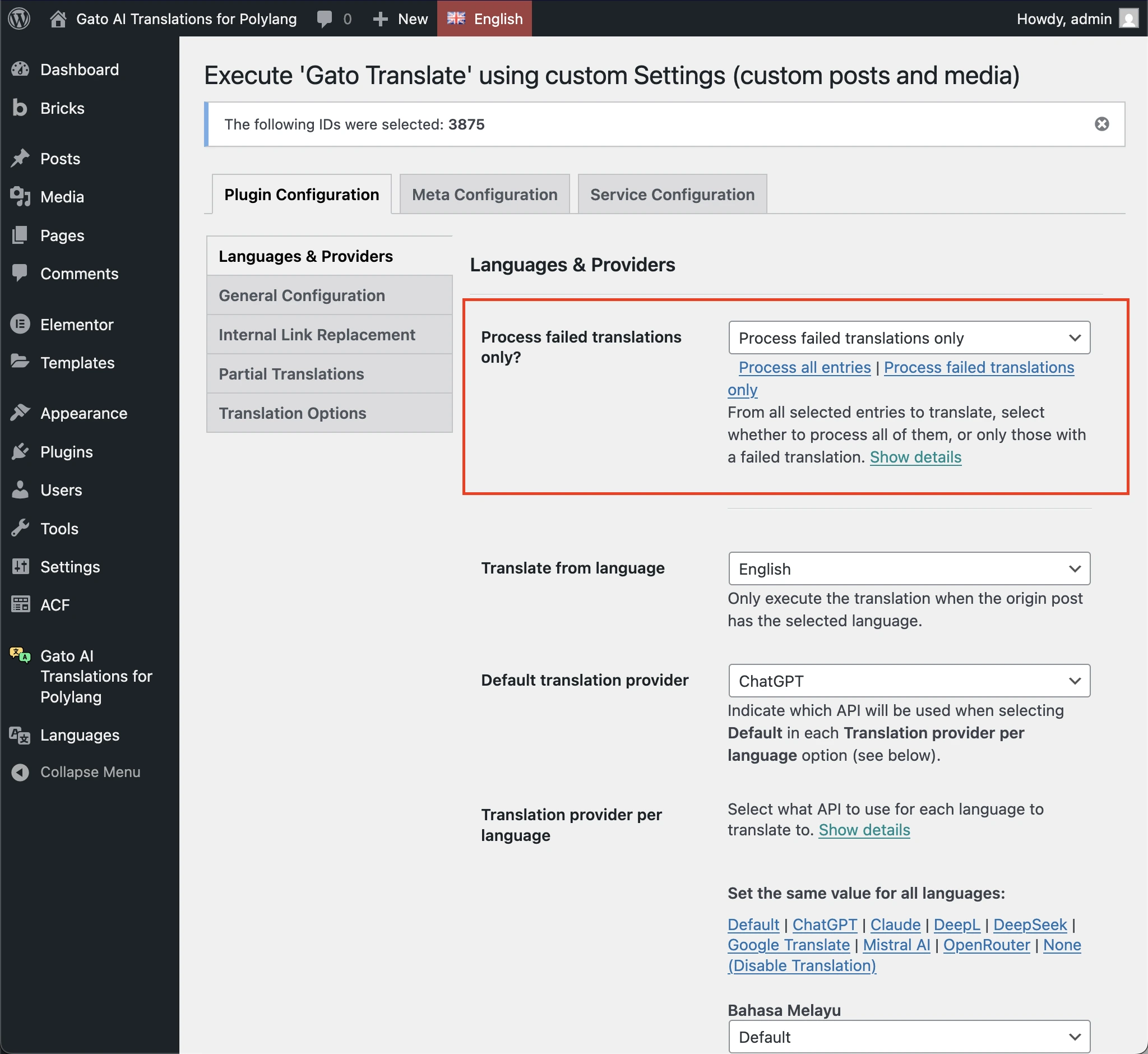 De optie 'Process failed translations only' selecteren op de instellingspagina 'Gato Translate (Custom)'