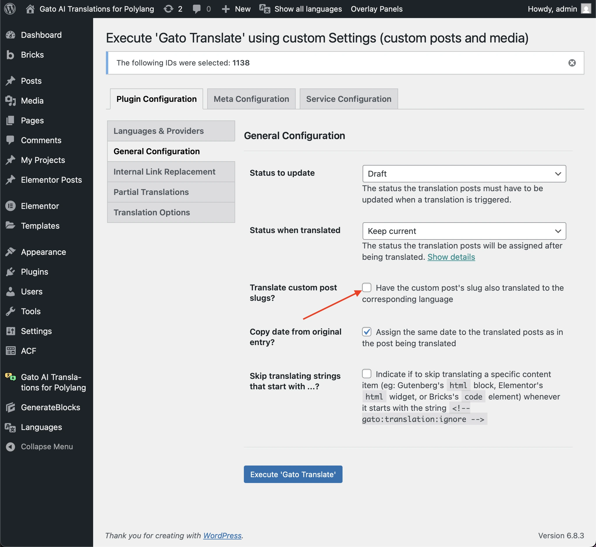 De optie 'Translate custom post slugs?' uitschakelen
