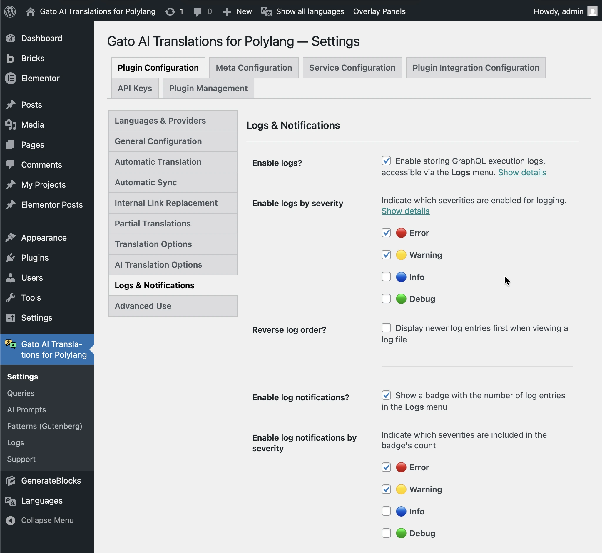 Instellingen voor Logs & Notifications