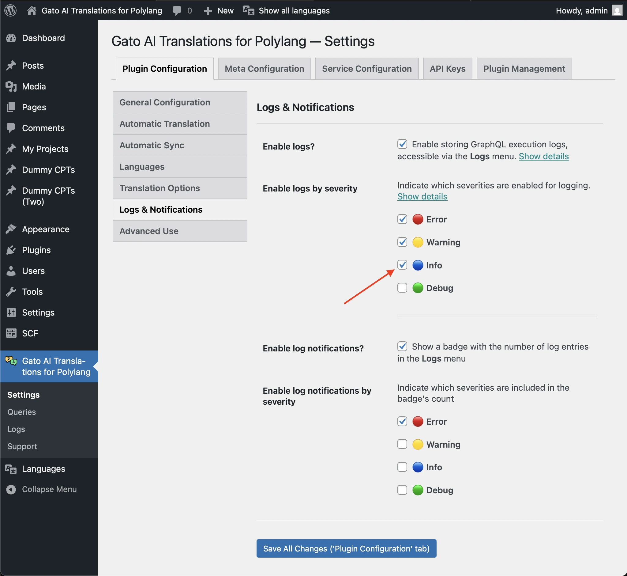 Schakel het ernst­niveau Info in de instellingen van Logs & Notifications in