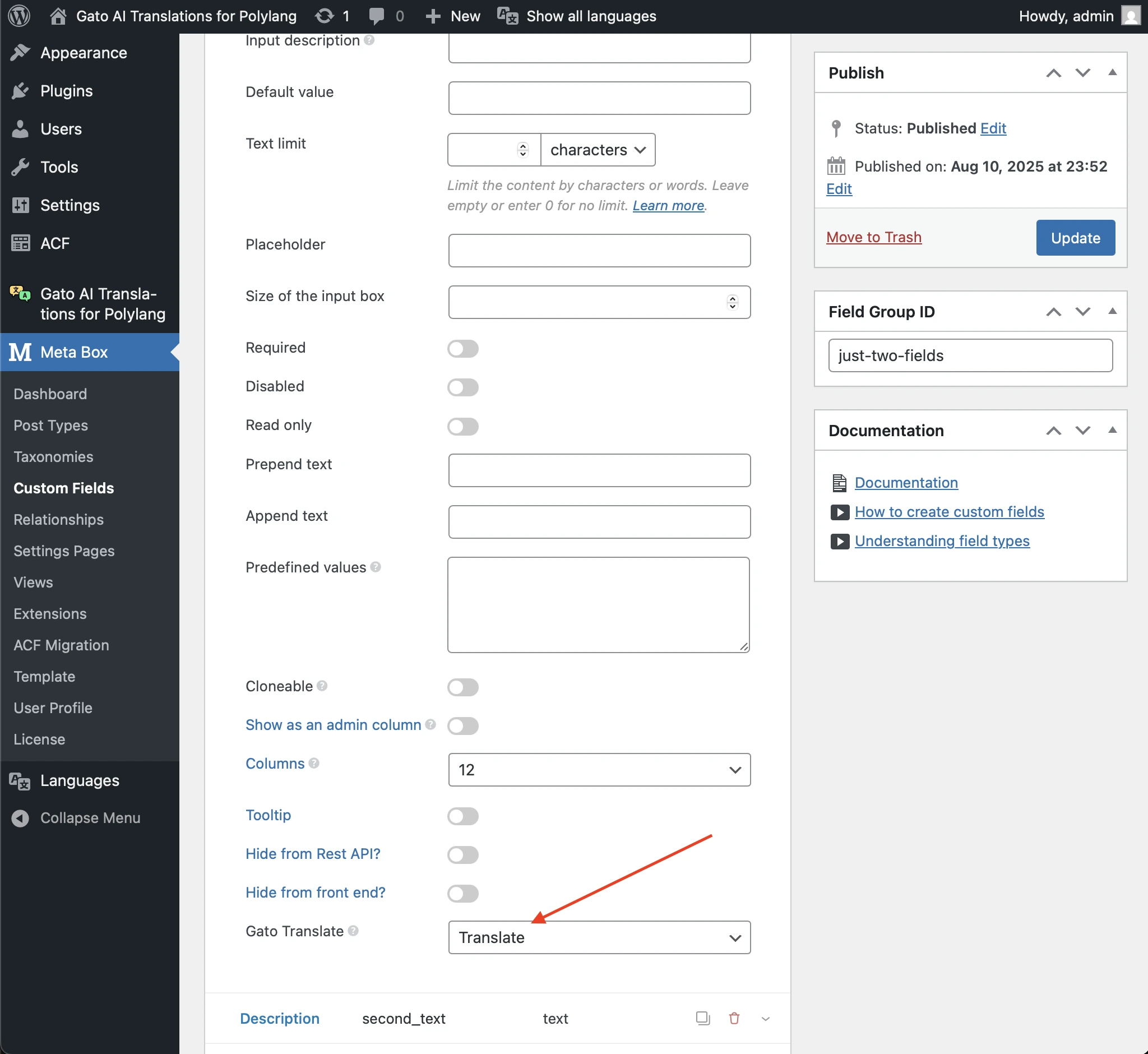 Synchronisatie/vertaling configureren voor een Meta Box-veldgroep