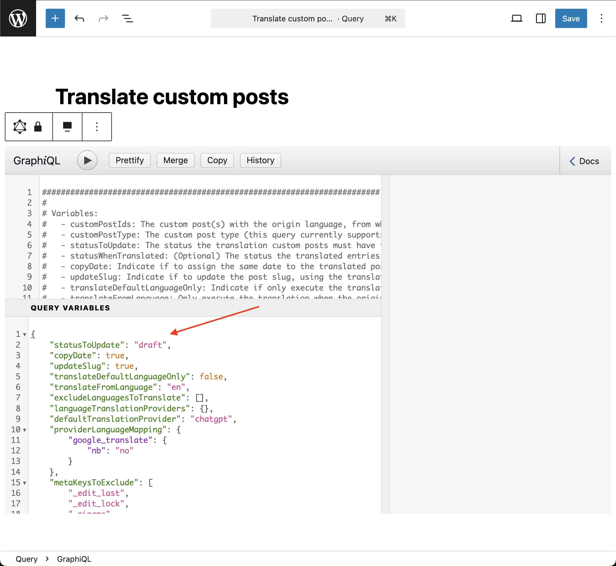 De variabelen plakken in de GraphiQL-client