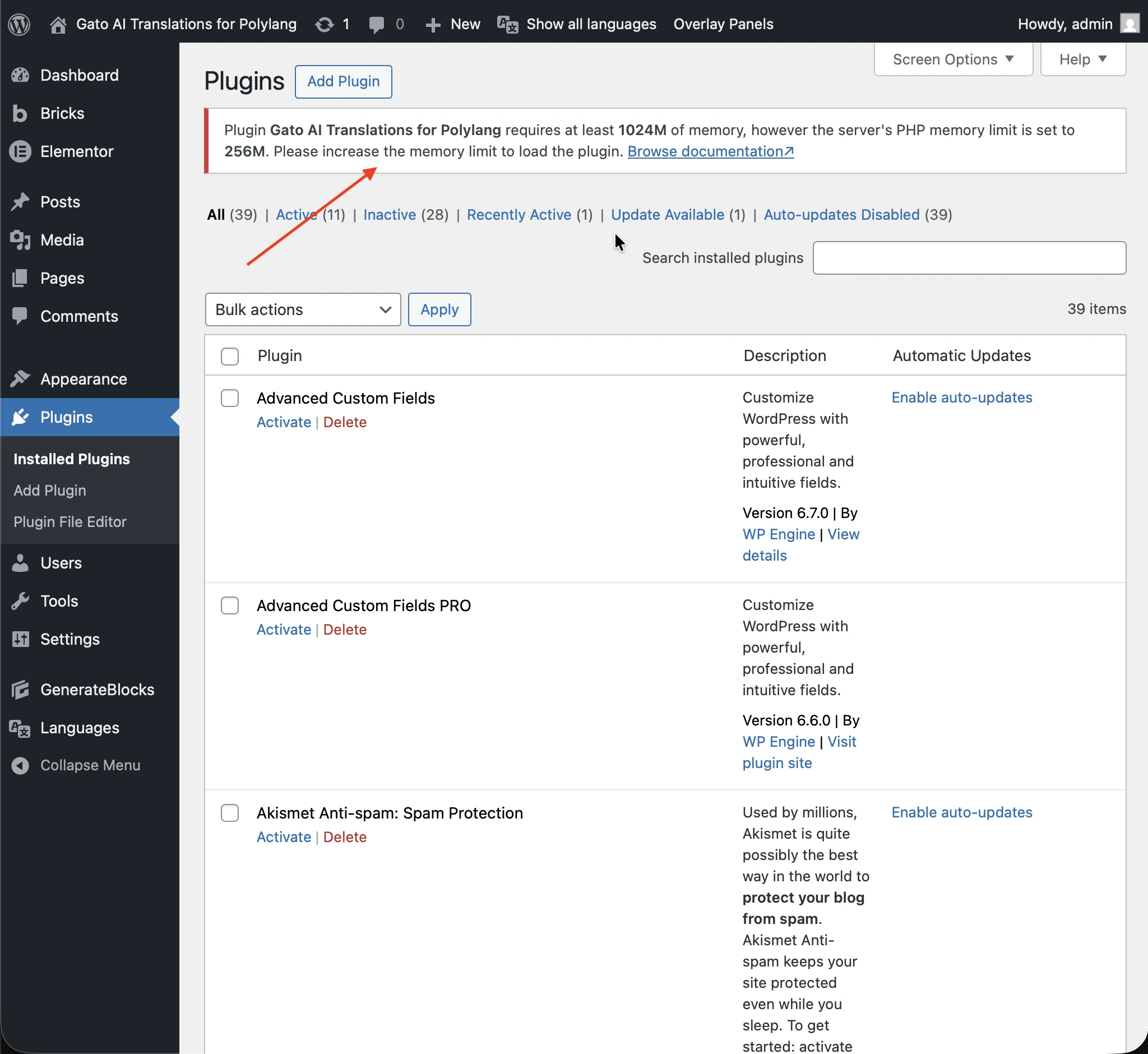 Waarschuwing geheugenlimiet plugin
