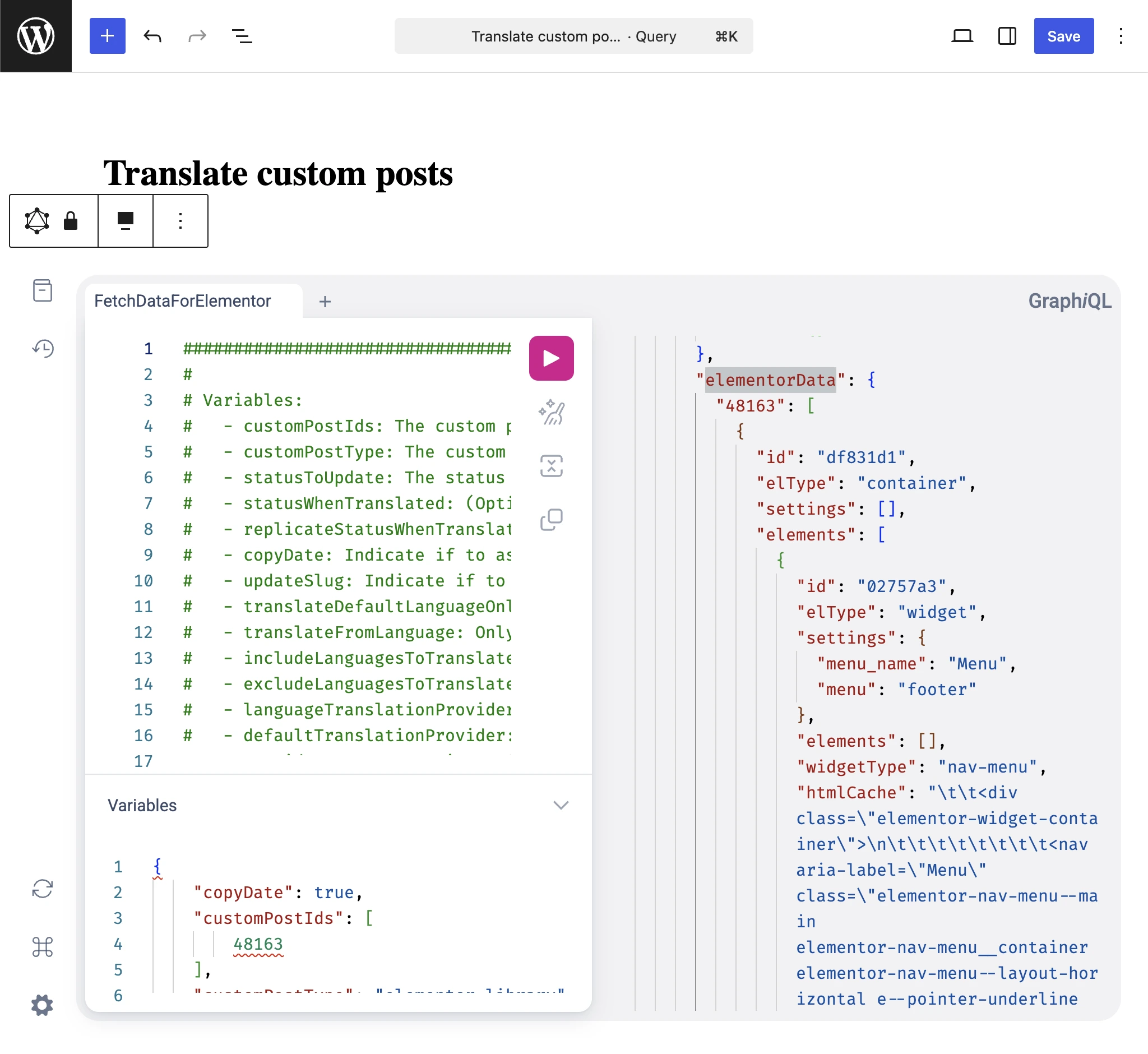 elementorData bekijken in de GraphQL-respons van de query Translate custom posts