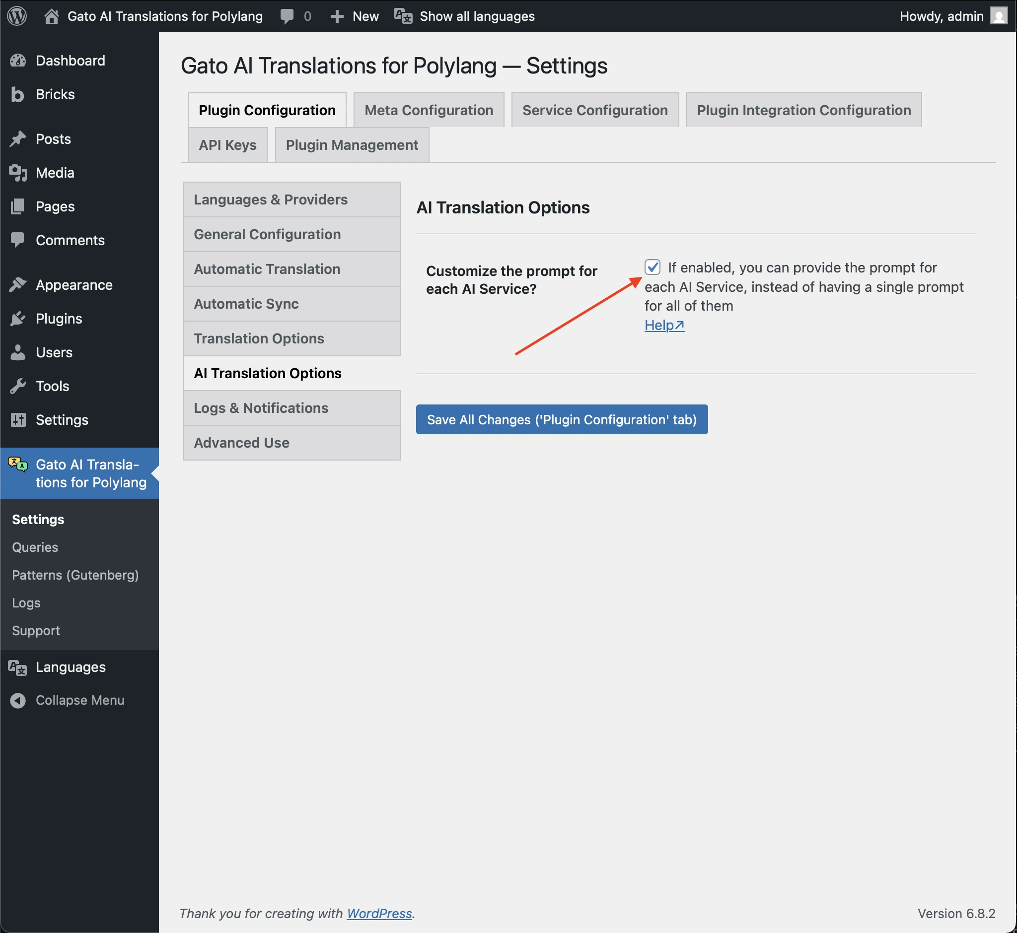 Instellingen AI Translation Options