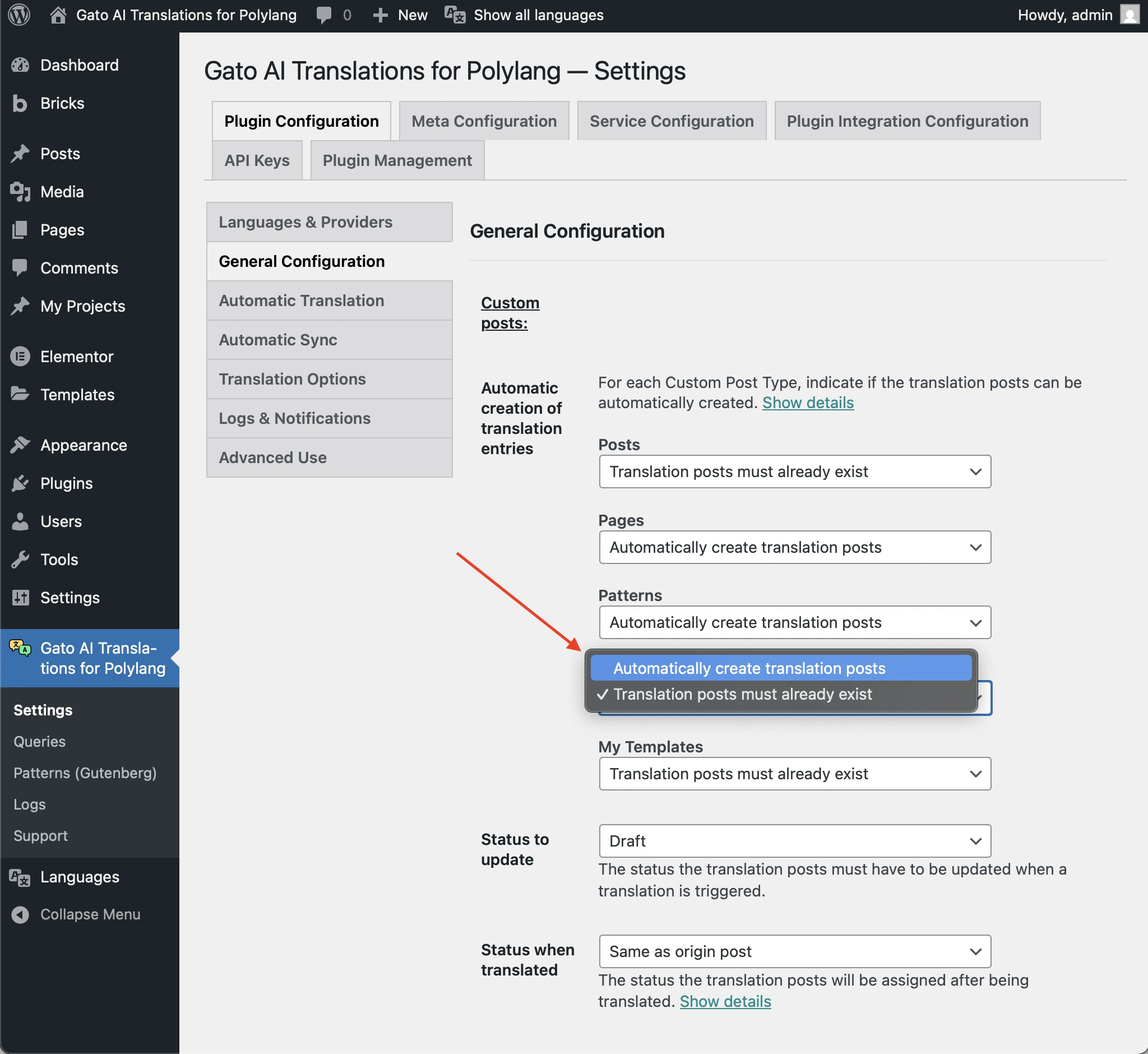 De optie 'Automatic creation of translation entries' instellen