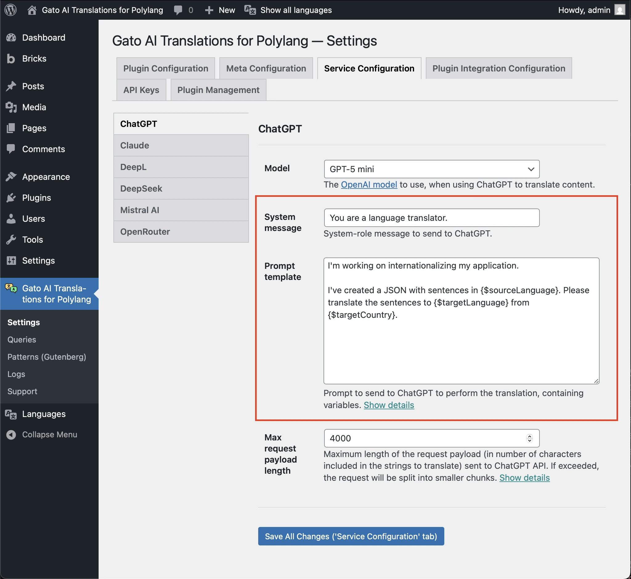 Instellingen voor aangepaste AI-prompt