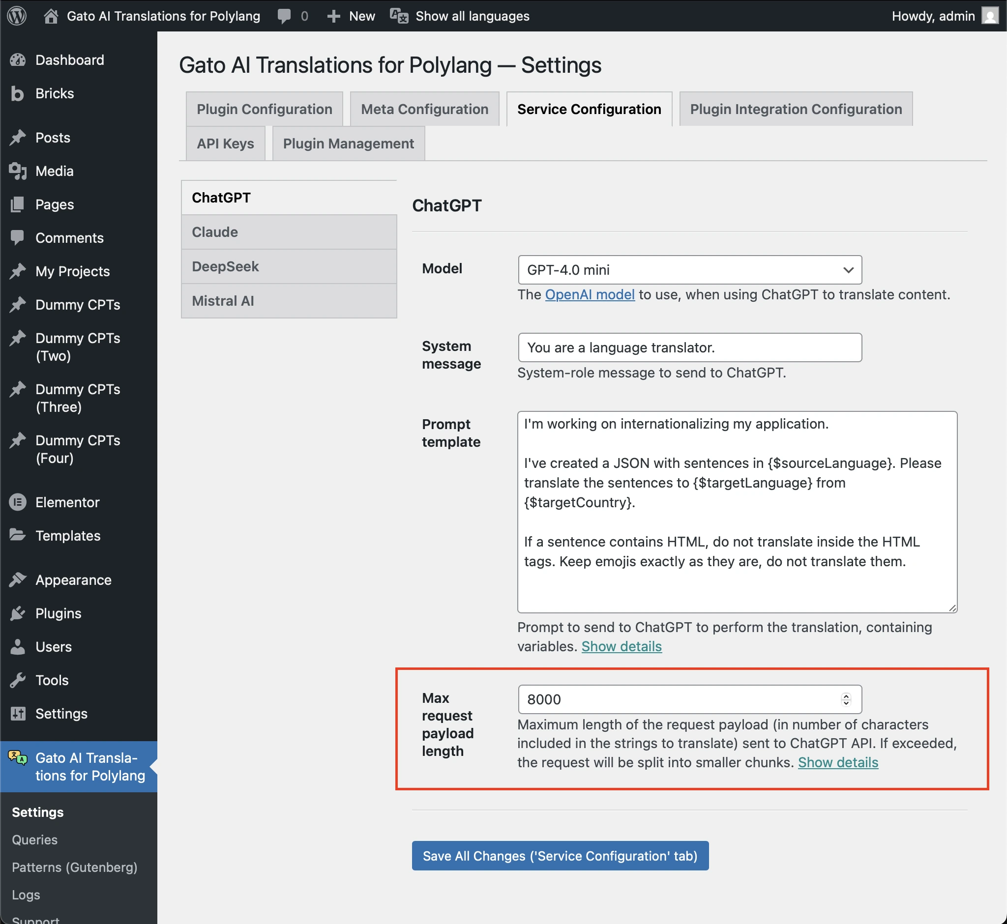 De optie 'Max request payload length' instellen