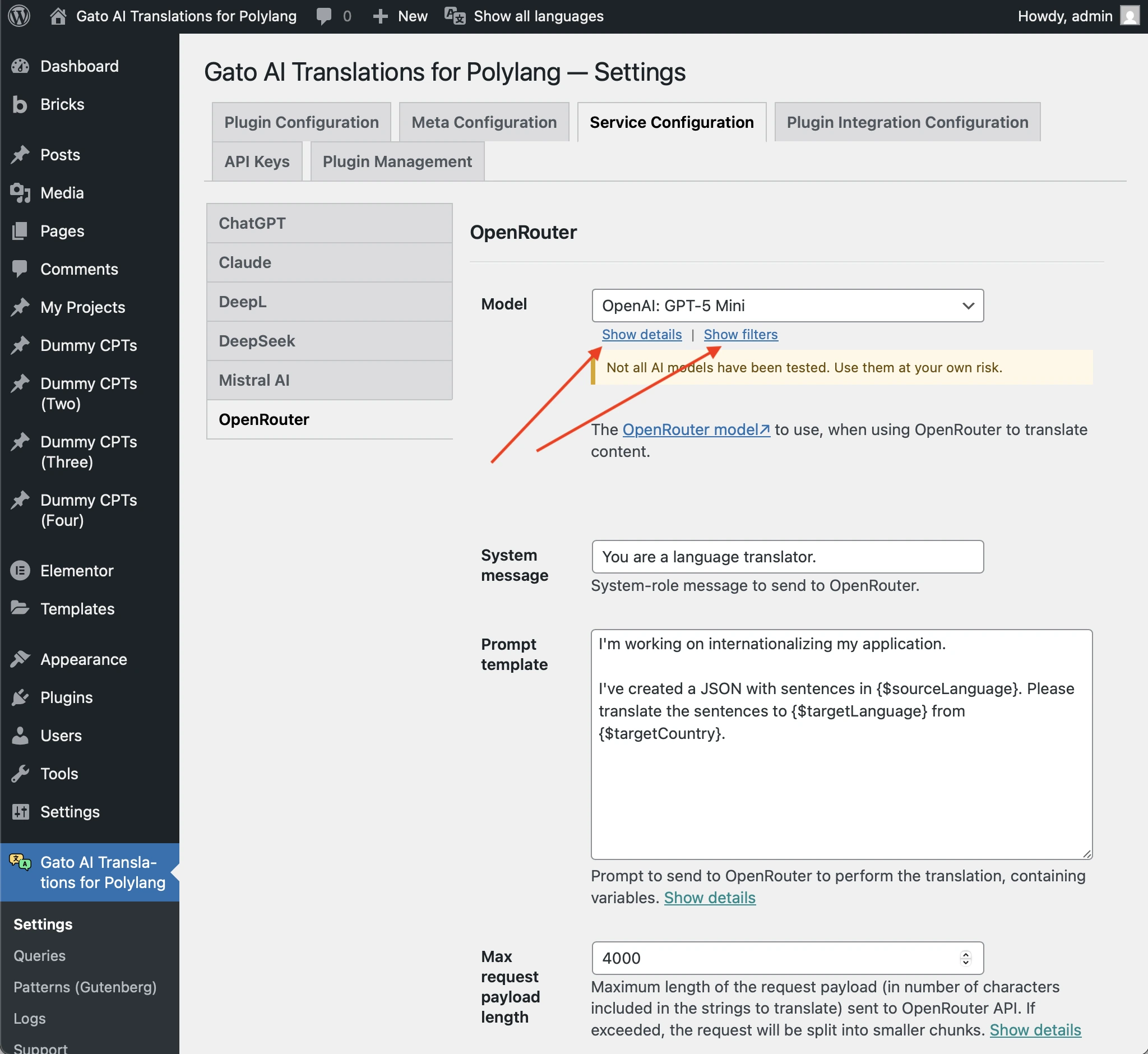 Links om details en filters voor AI-modellen te tonen