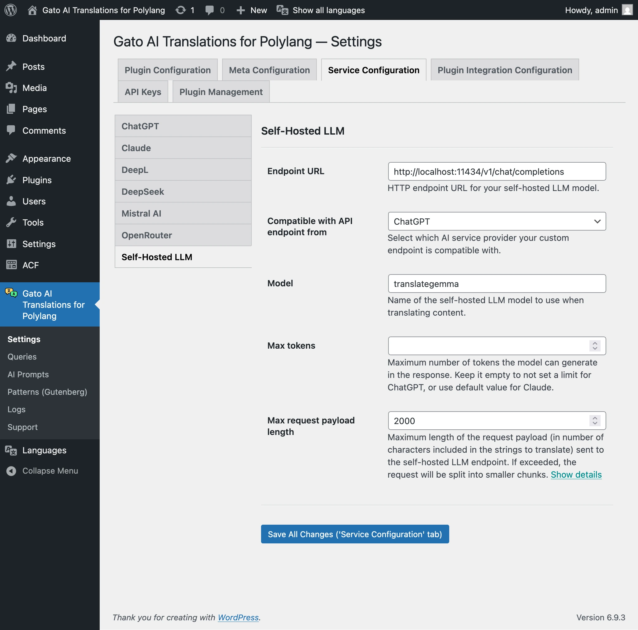 Een zelf-gehoste LLM configureren in de Instellingen