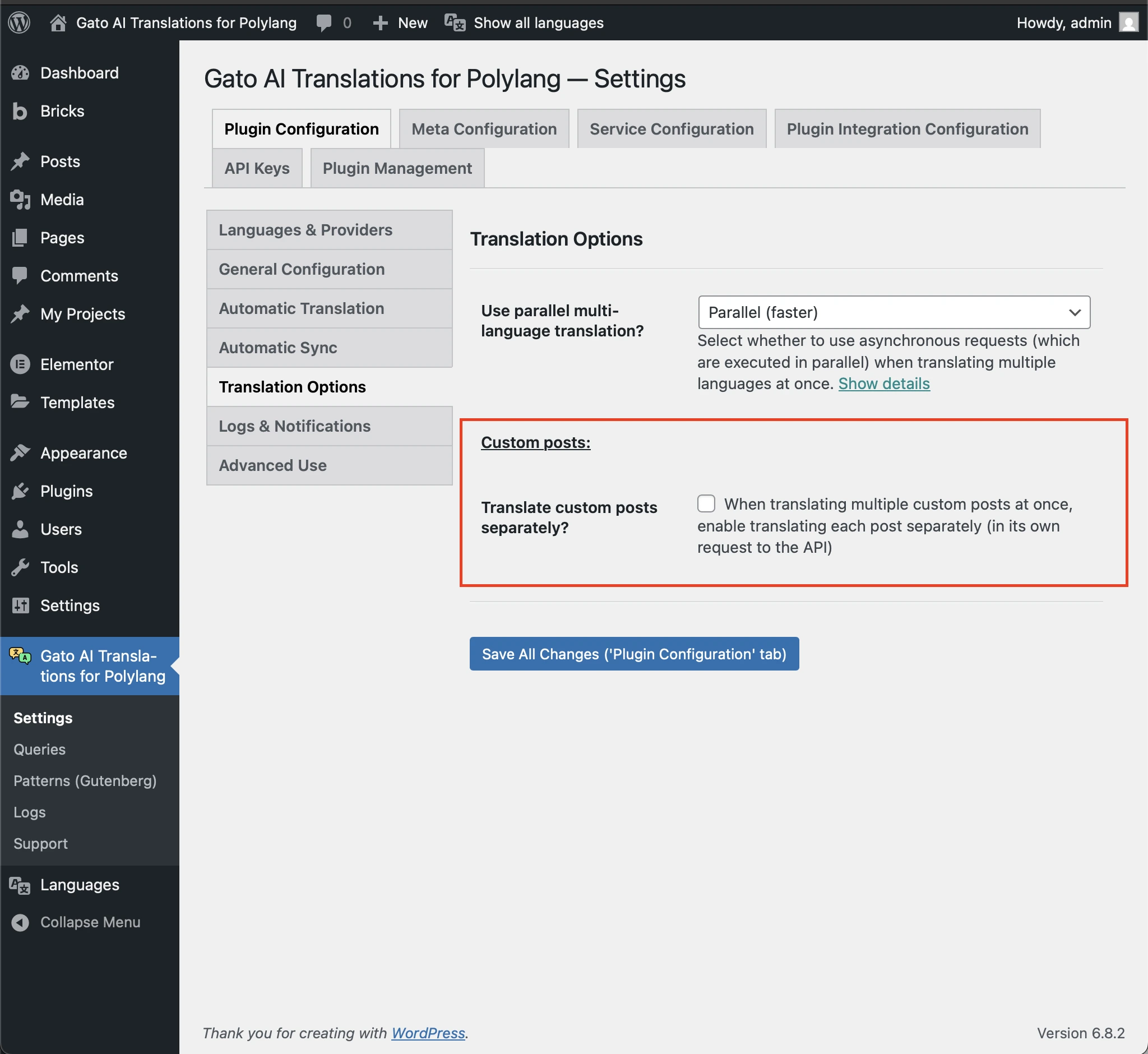 De optie 'Translate custom posts separately?' in de Instellingen
