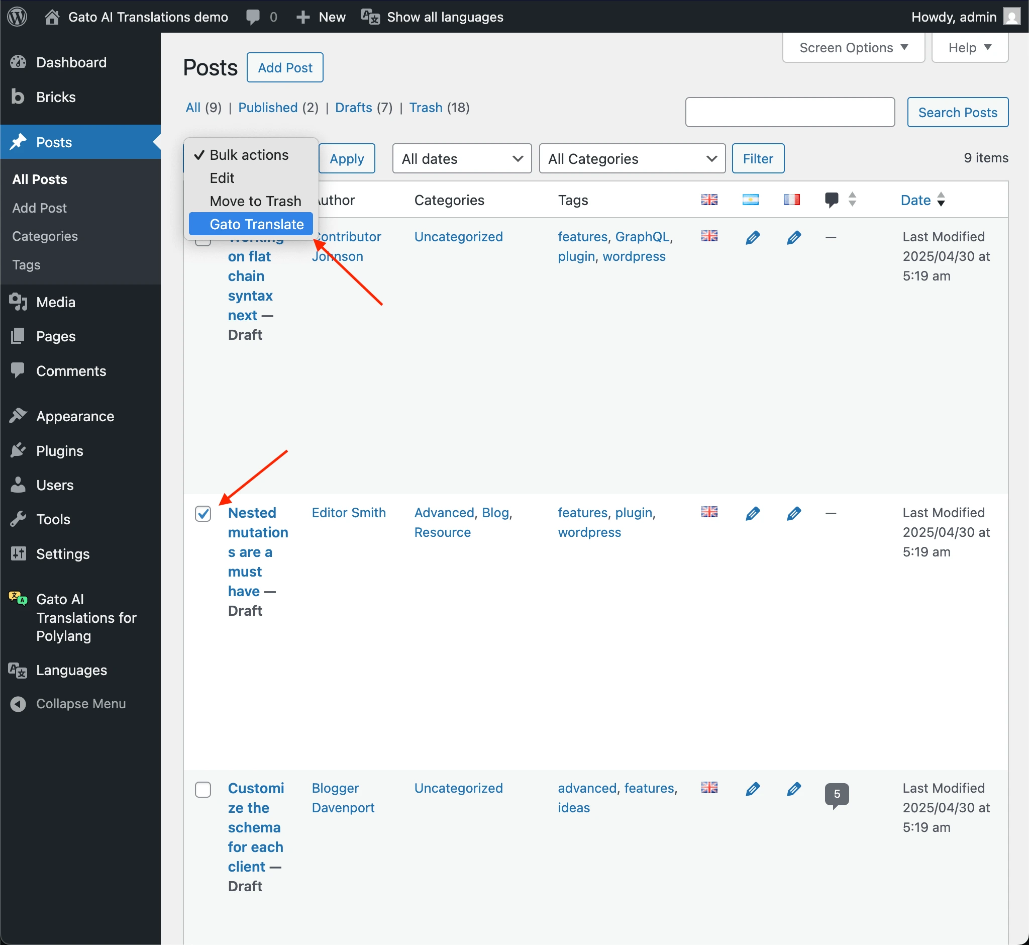 Meerdere berichten tegelijk vertalen via Bulk Actions → Gato Translate