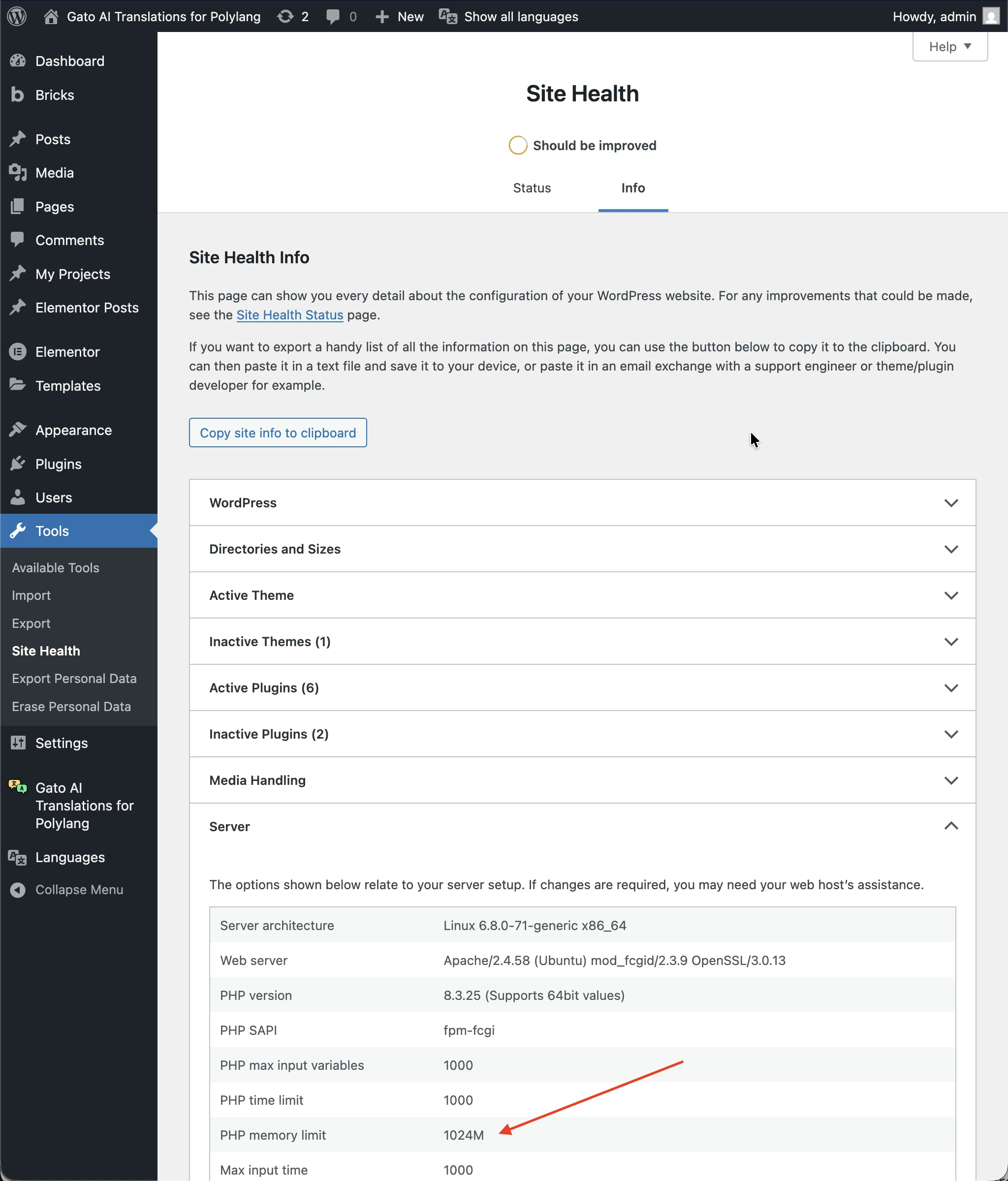 De PHP-geheugenlimiet controleren in WordPress Sitestatus