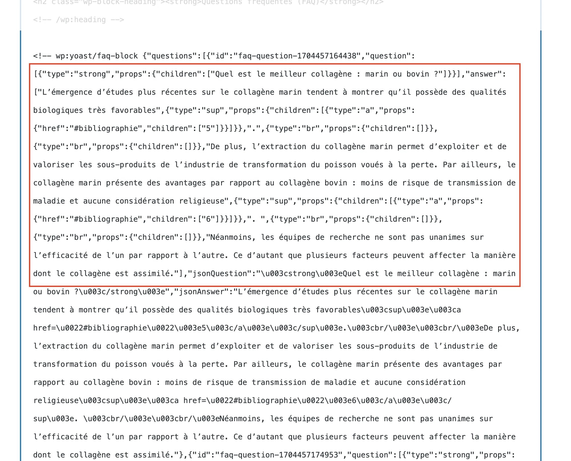 Code voor Yoast FAQ-blok met HTML-tags