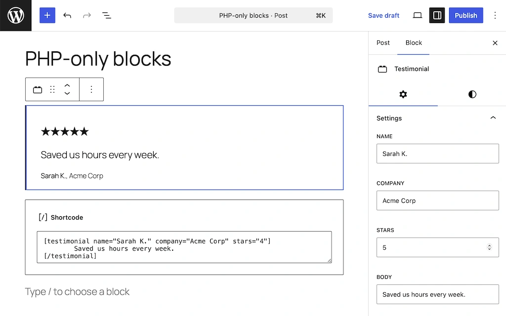 Voorbeeld van een aangepast WordPress-blok gemaakt met alleen PHP