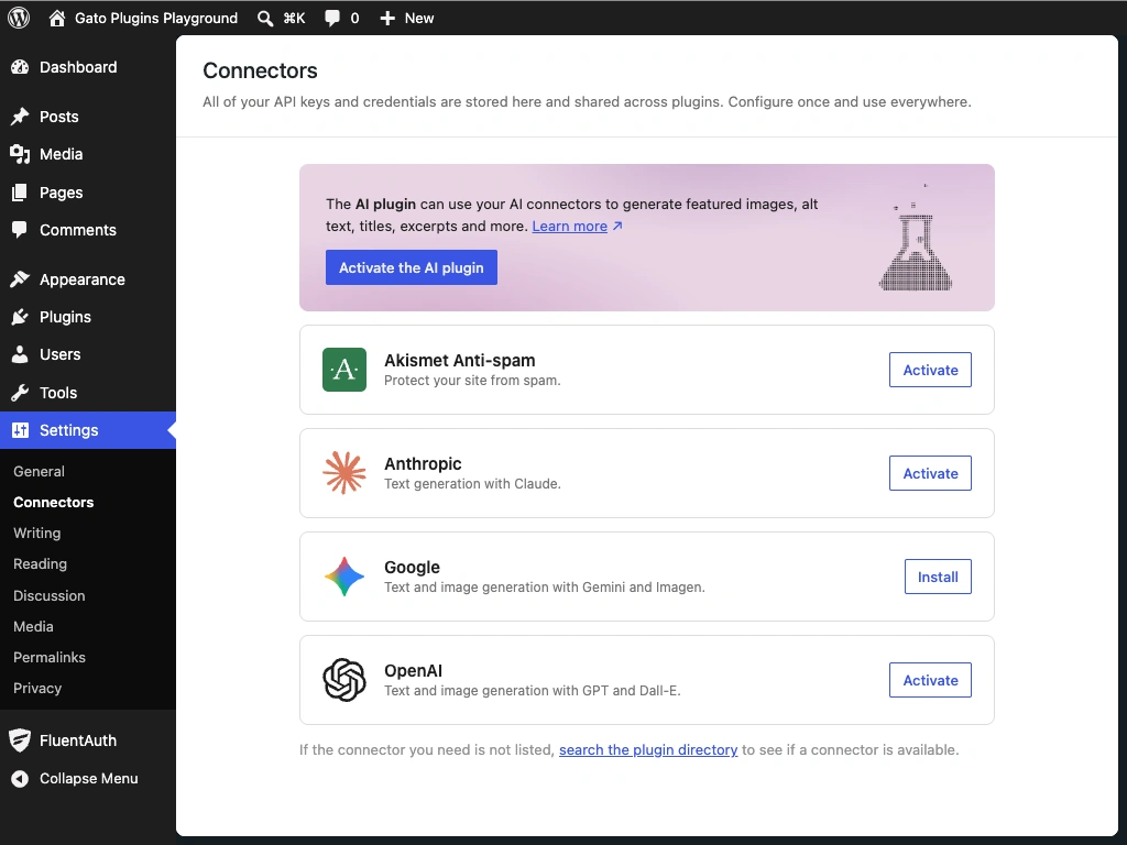 WordPress AI-connectors beheerscherm