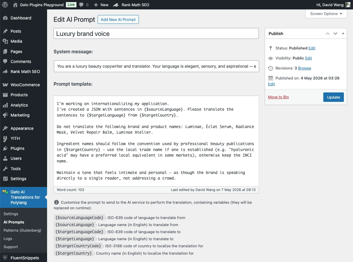Aangepaste prompteditor in Gato AI Translations