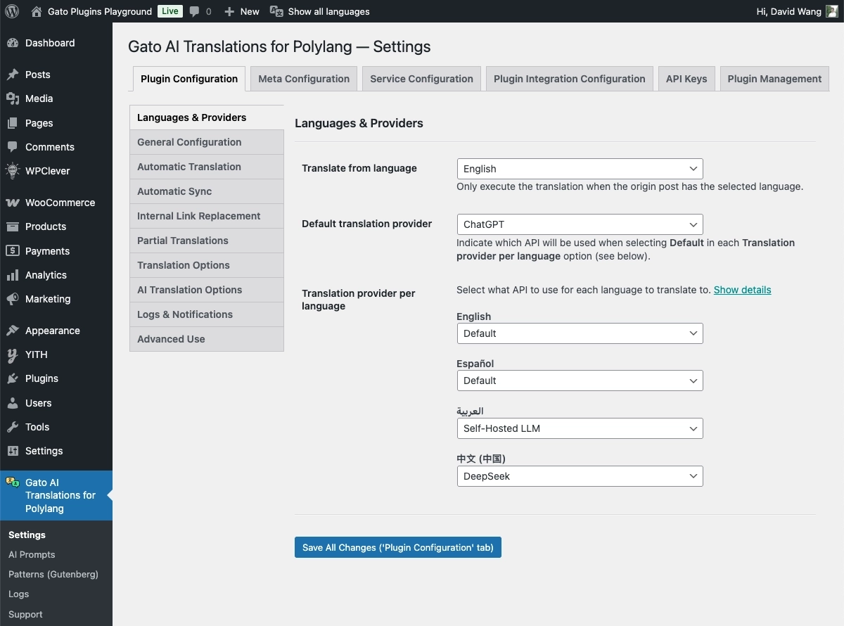 Providerkeuzeinstellingen in Gato AI Translations
